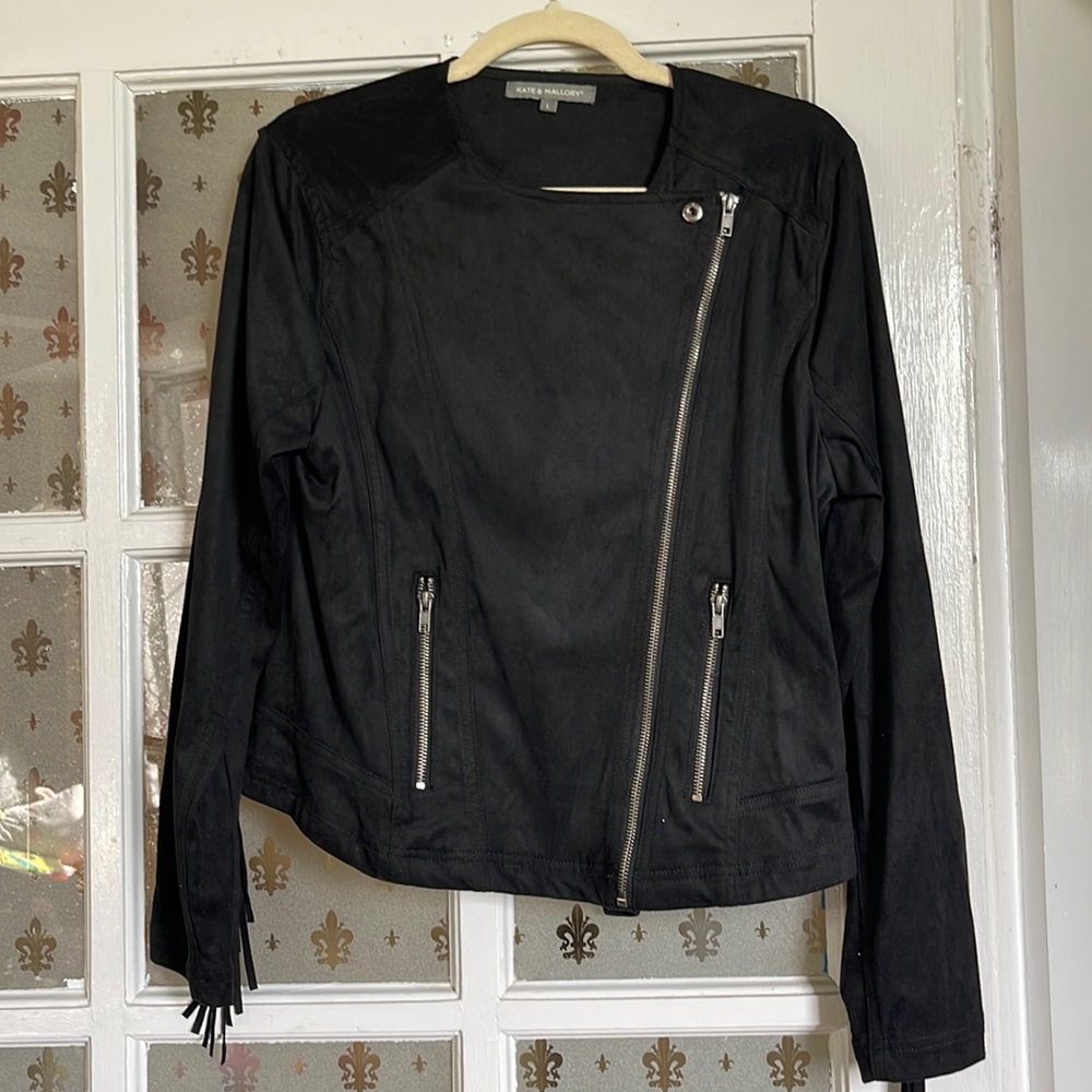 Black faux leather fringe jacket large